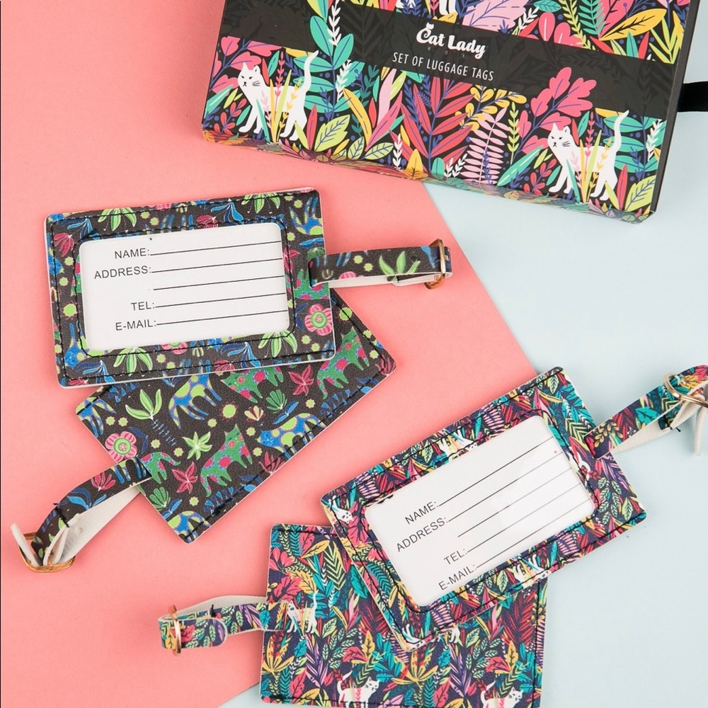 Set of 2 cat lady luggage tags